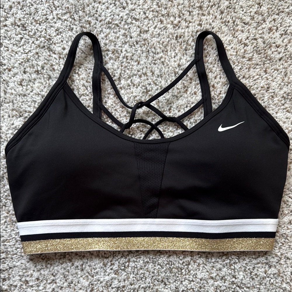 Nike Black and Gold Sports Bra with Crisscross Design